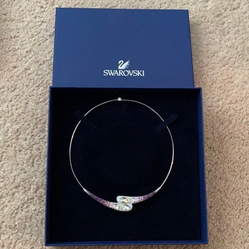 Swarovski Clear And Purple Crystals Trema Necklace In Silver Tone Setting.